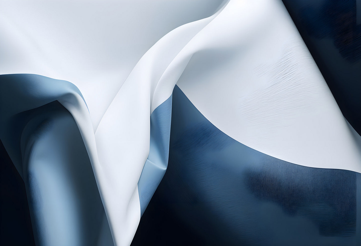 A close-up of a silky fabric in blue and white shades showcasing elegant draping and texture