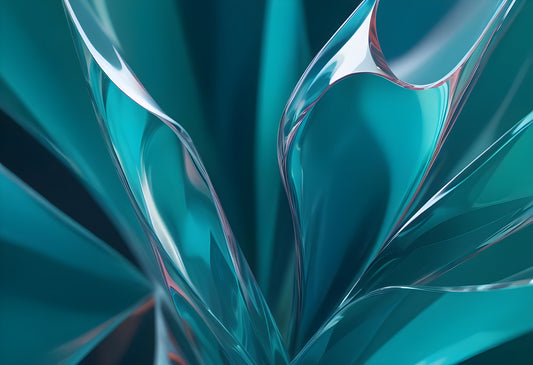 Abstract close-up of translucent teal plastic material with swirling reflections and curves