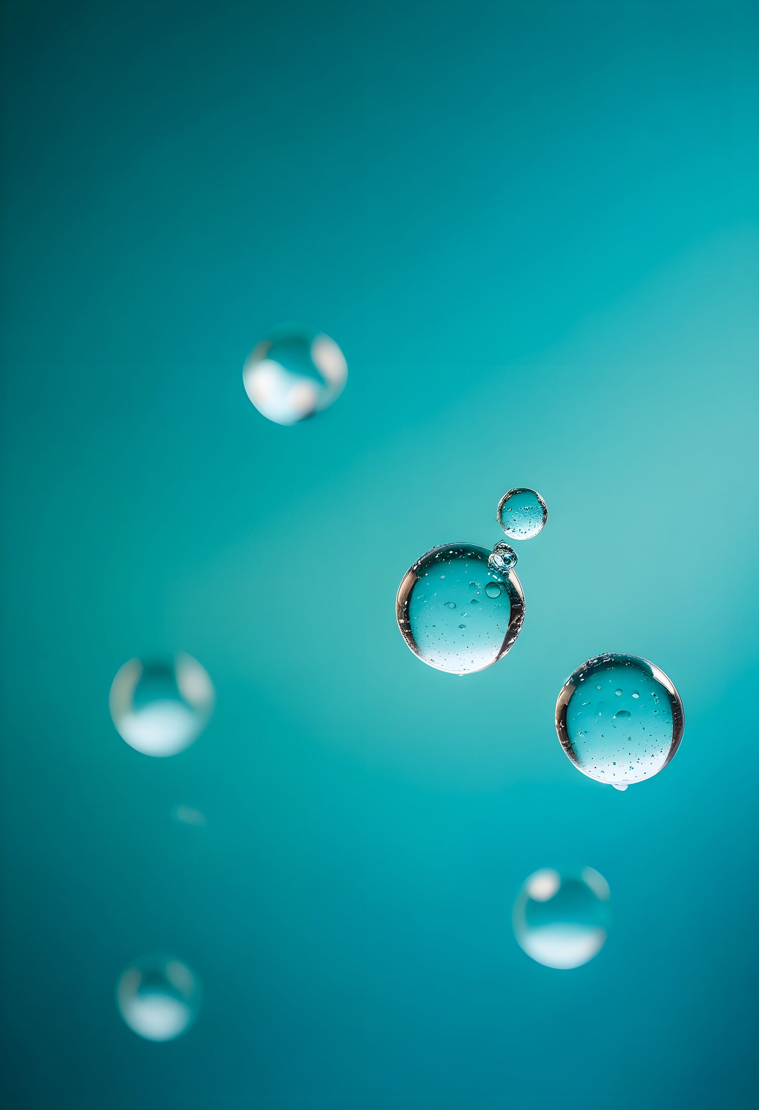 Water droplets on a thin surface with a blurred turquoise background amidst soft light reflections. Generative AI