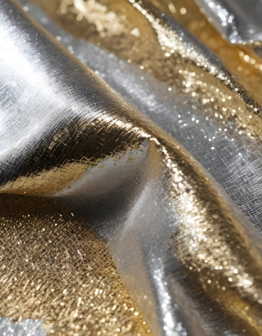 Metallic golden and silver fabric creates elegant textures with intricate folds and reflections under soft lighting