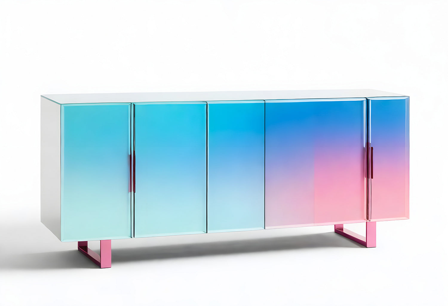 Modern gradient sideboard featuring a blue to pink ombre finish situated against a clean white backdrop in a contemporary interior space