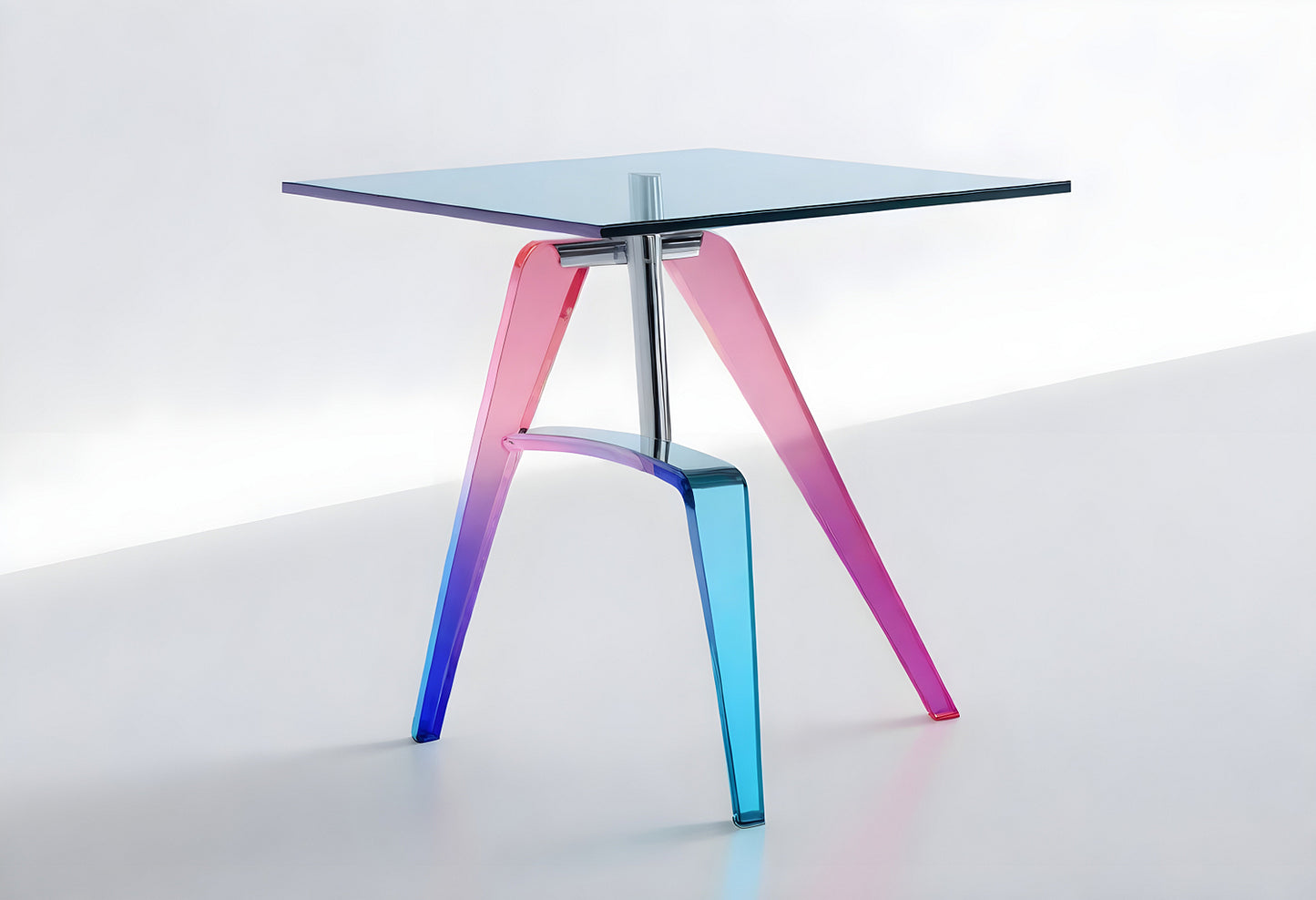 Modern glass table with gradient-colored legs placed against a light background showcasing contemporary design elements