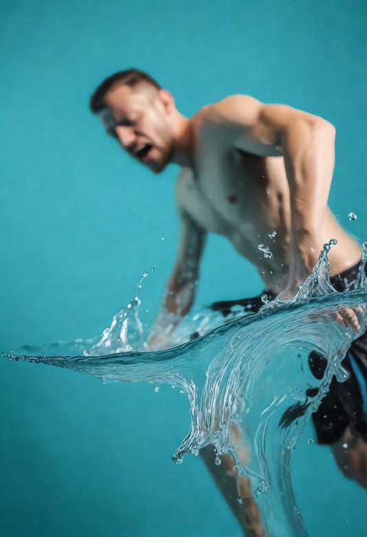 A man playfully splashes water while enjoying a moment of fun against a teal background in a bright, activity-filled setting