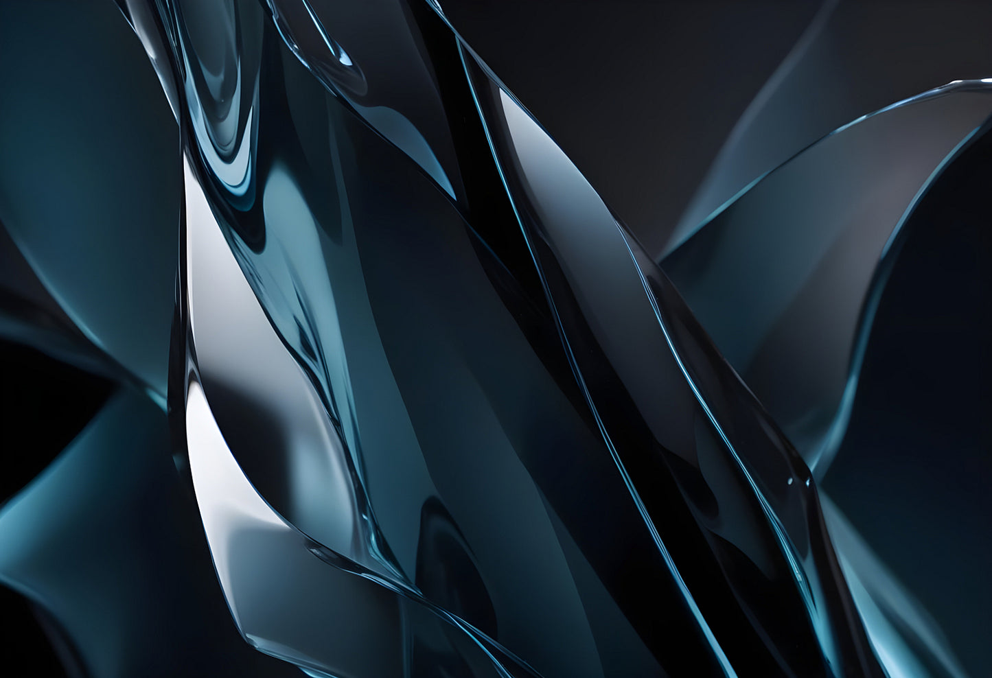 Abstract close-up of glossy, intertwining transparent shapes in dark hues