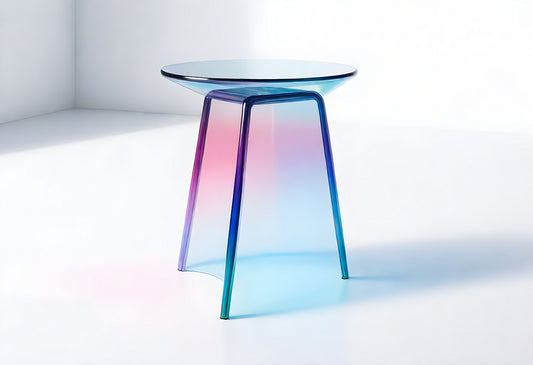 Modern glass table with gradient legs in a minimalistic interior space featuring soft lighting