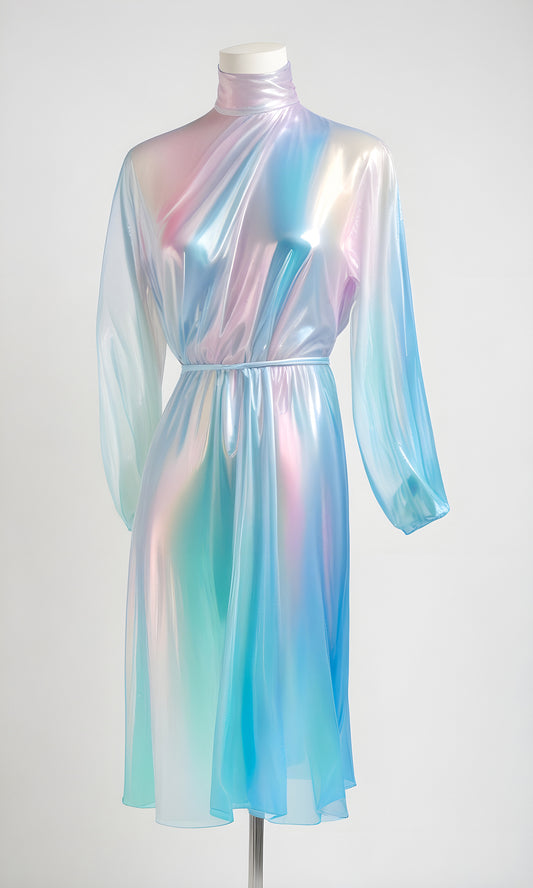 Elegant pastel holographic dress on display, showcasing contemporary fashion design and vibrant colors