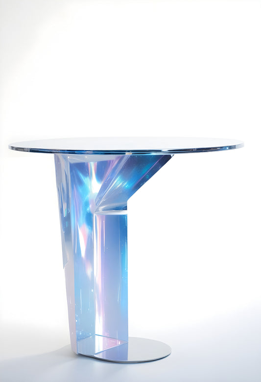 Modern transparent table with geometric design and reflective surfaces in a minimalist setting