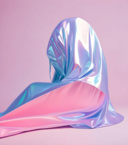 A reflective, vibrant fabric draped artistically on a soft pink background during a studio photoshoot focusing on colors and textures