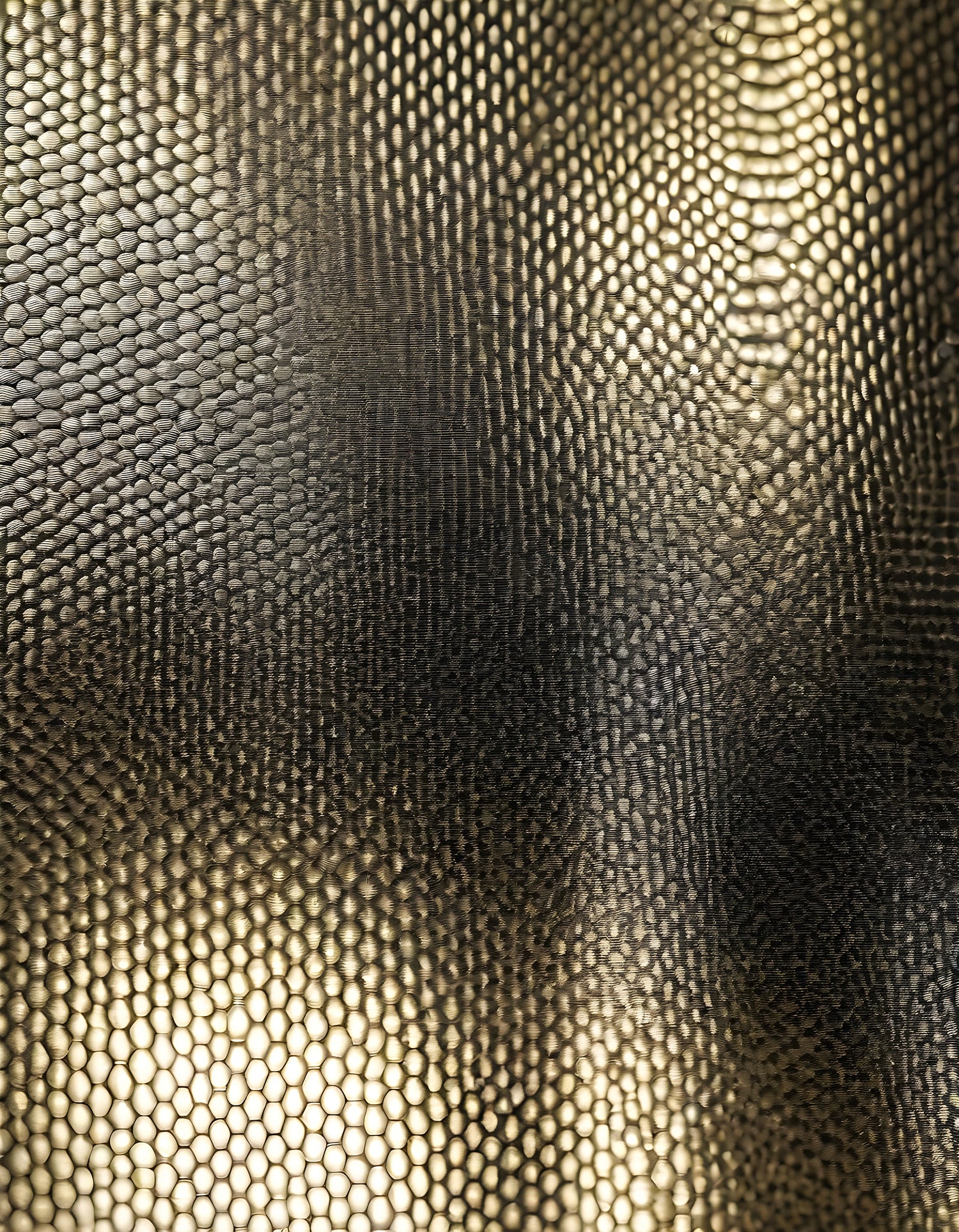 Close-up of textured surface with a metallic sheen illuminated by soft light