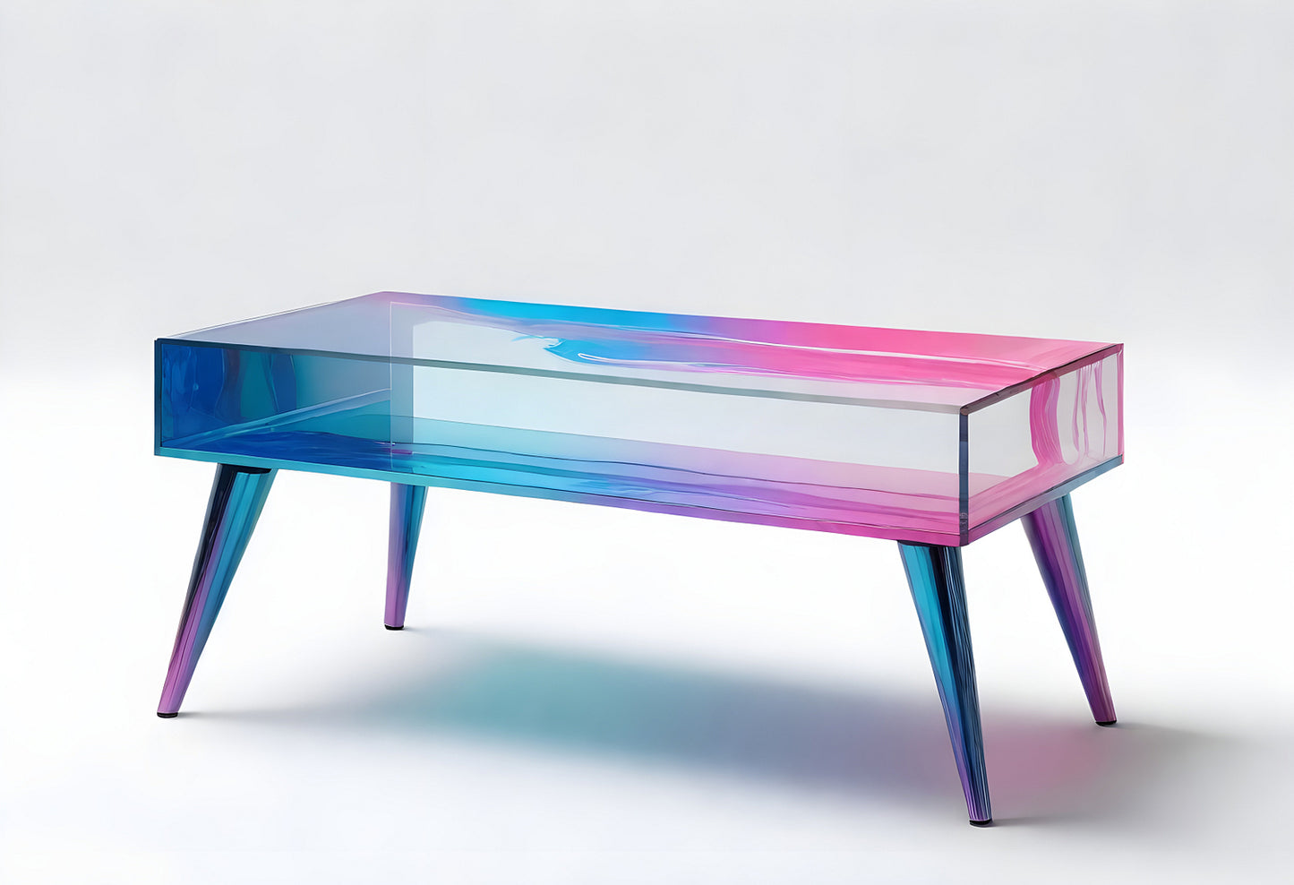 Modern acrylic coffee table with vibrant gradient colors displayed against a plain background