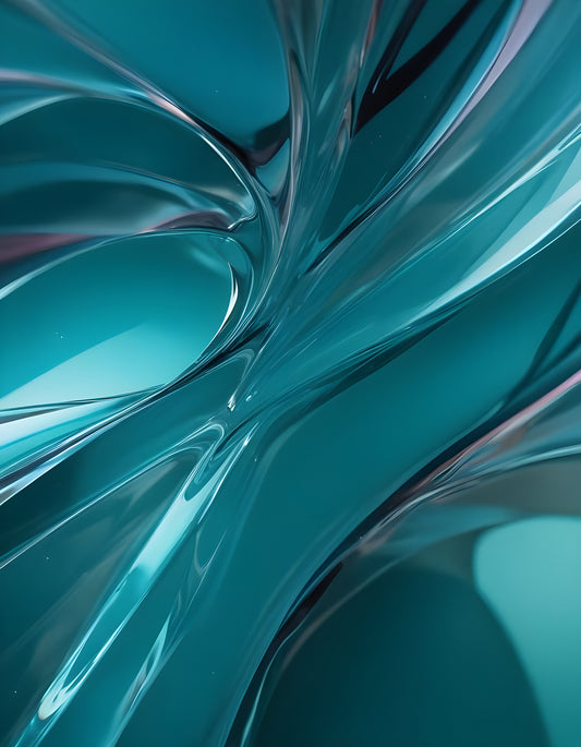 Abstract close-up of flowing teal and glass-like shapes creating mesmerizing patterns and textures in a translucent environment