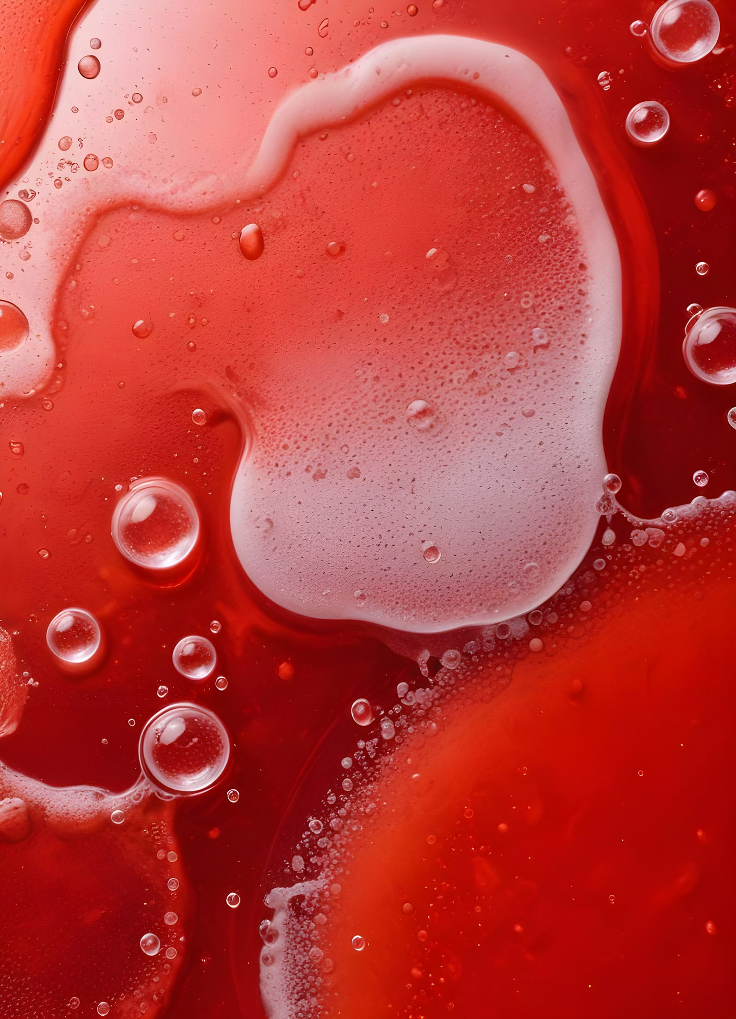 Abstract close-up of red liquid with bubbles and droplets, showcasing the interplay of colors and textures in a vibrant manner. Generative AI