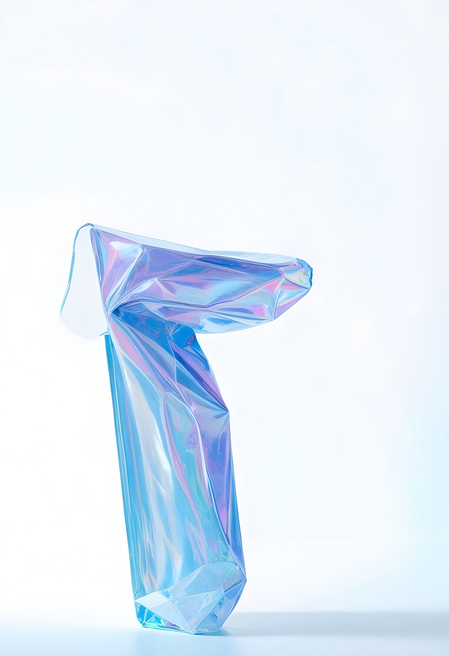 A colorful, crumpled plastic bottle stands upright against a minimalistic white background showcasing unique geometric shapes and reflections