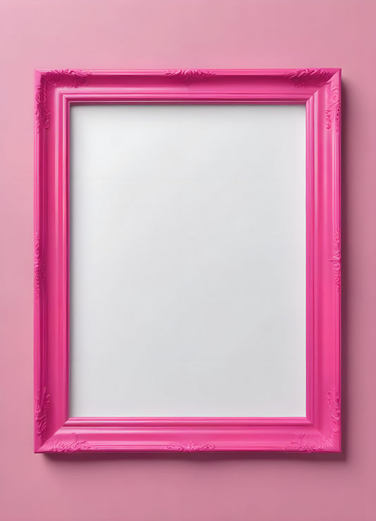 Bright pink empty frame stands against a white wall, inviting creativity and personal expression