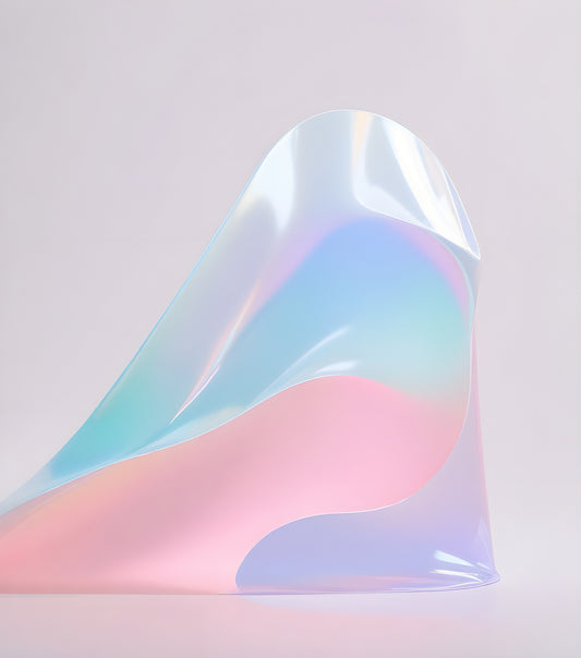 A translucent, pastel-colored material gracefully drapes over a surface in a minimalist setting with soft lighting