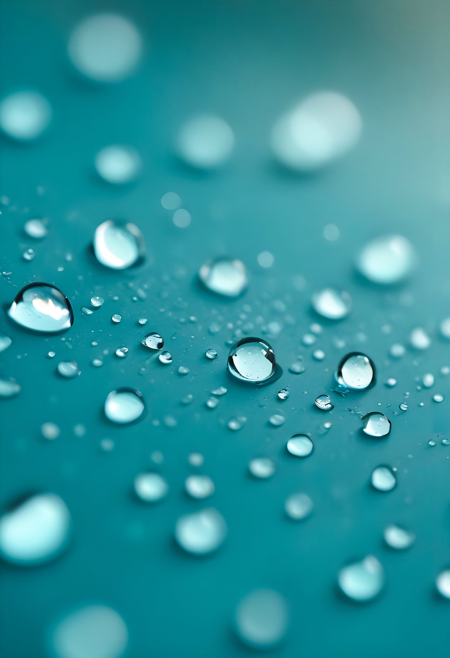 Water droplets on a thin surface with a blurred turquoise background amidst soft light reflections. Generative AI