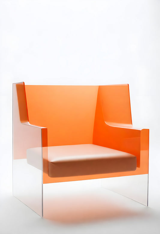 Modern orange acrylic chair with a white cushion, designed for contemporary living spaces, showcasing minimalist aesthetics and vibrant color