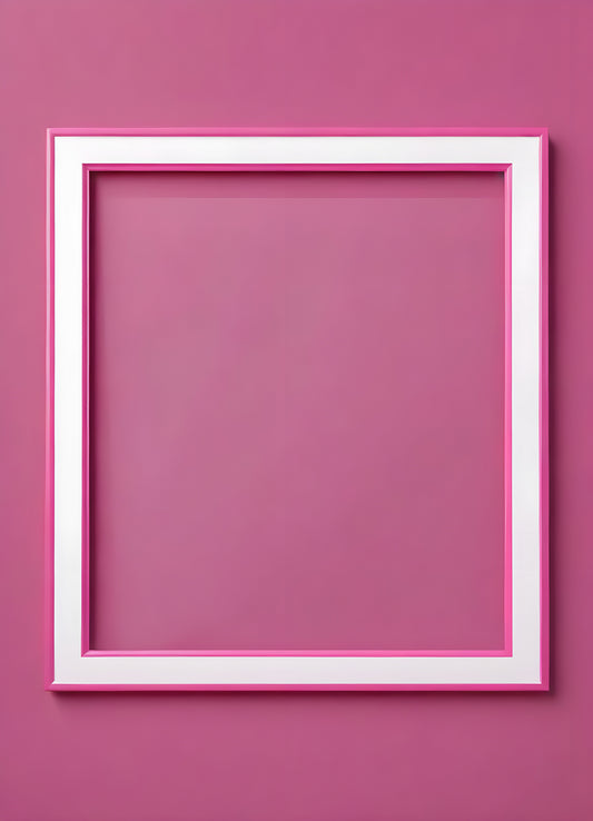 Bright pink empty frame stands against a white wall, inviting creativity and personal expression