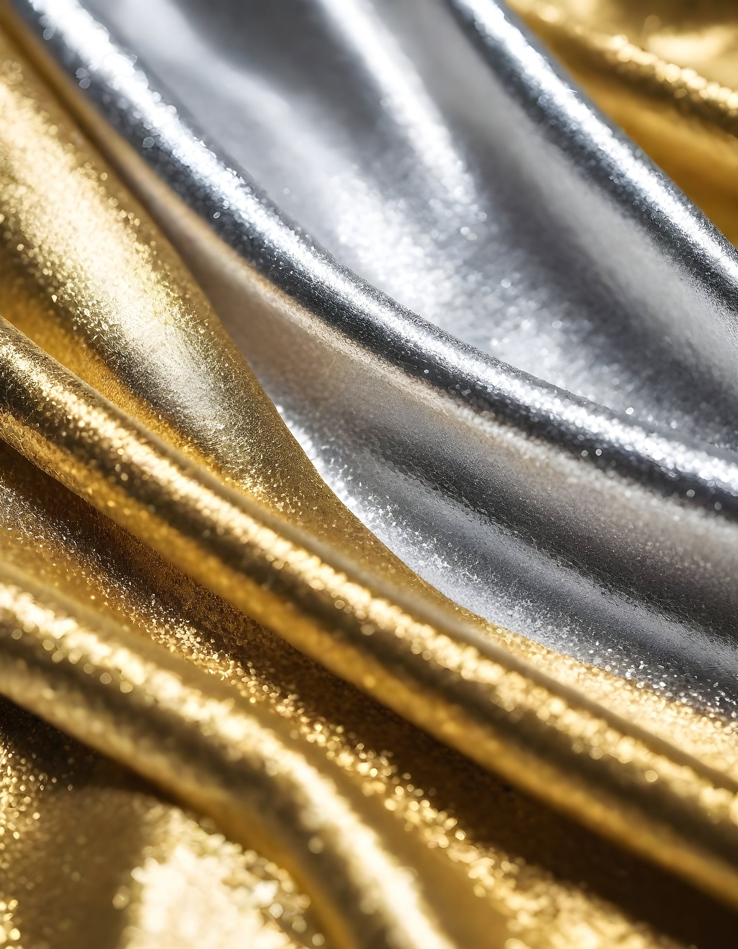 Metallic golden and silver fabric creates elegant textures with intricate folds and reflections under soft lighting