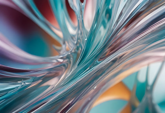 Colorful abstract swirls of glass create a mesmerizing pattern with a blend of turquoise, pink, and gold in a vibrant artistic composition. Generative AI