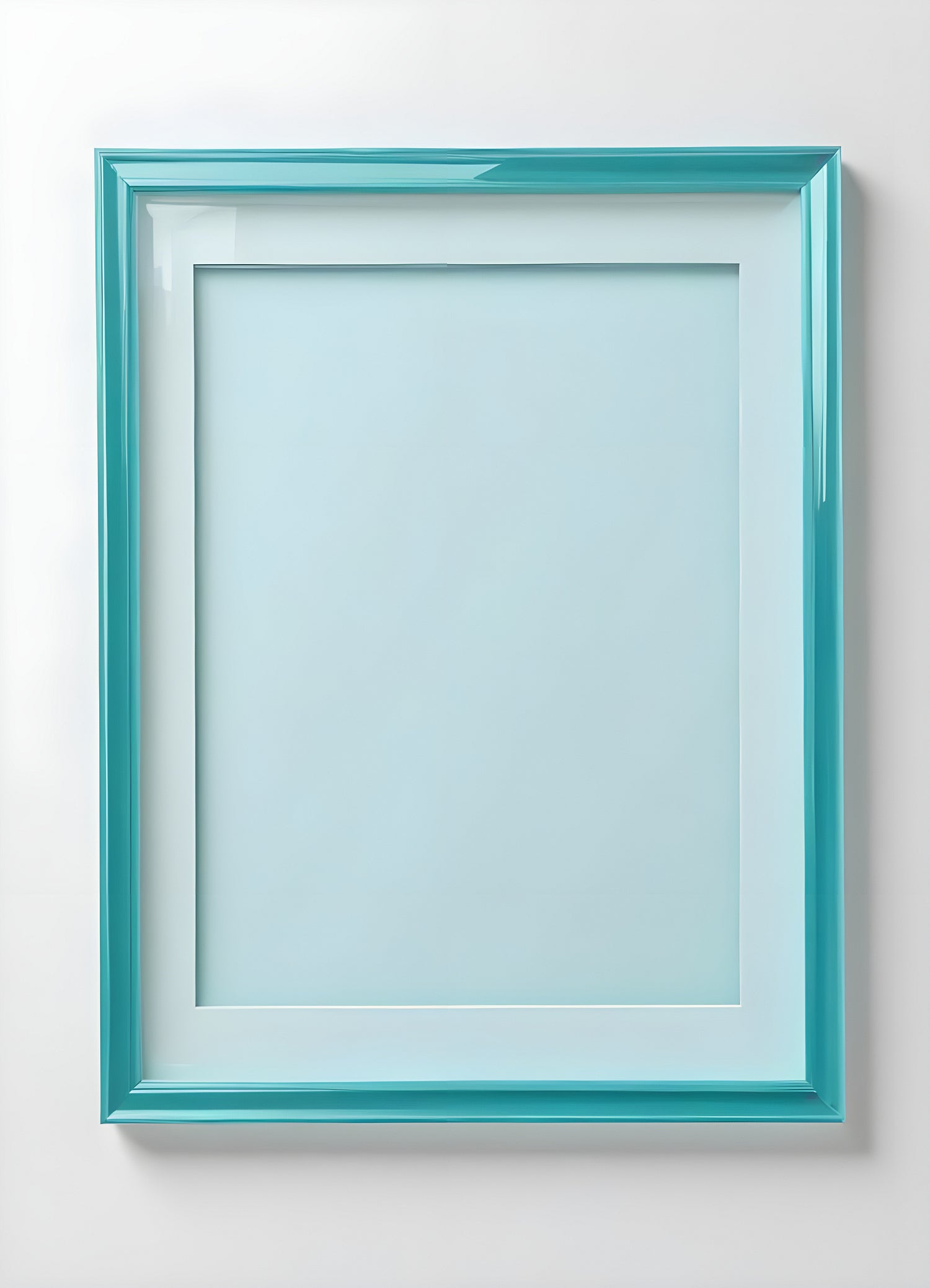 A simple turquoise frame hanging on a clean white wall, ready for a special artwork or photograph to be displayed inside it