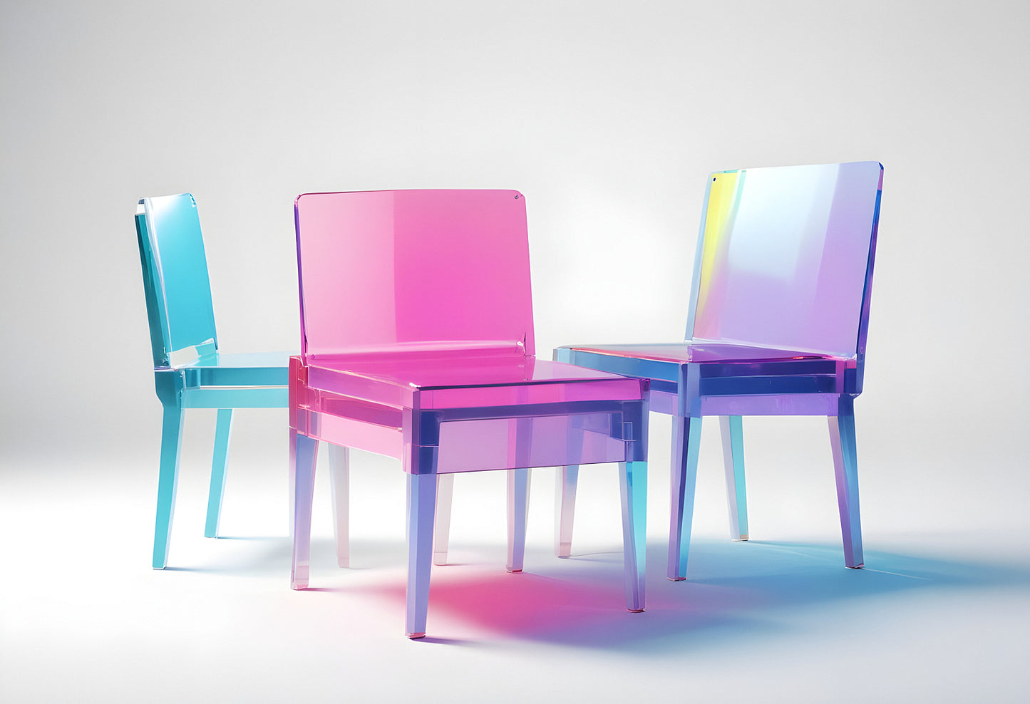 Colorful transparent chairs in vibrant hues arranged on a minimalistic backdrop showcasing modern furniture design