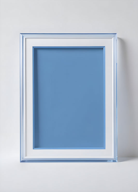 Bright blue empty picture frame against a minimalist background inviting creativity and personal expression in home decor