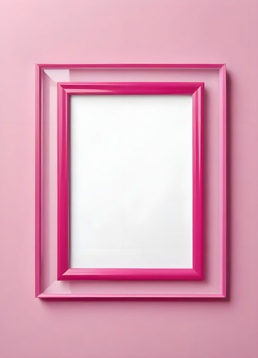 Bright pink empty frame stands against a white wall, inviting creativity and personal expression