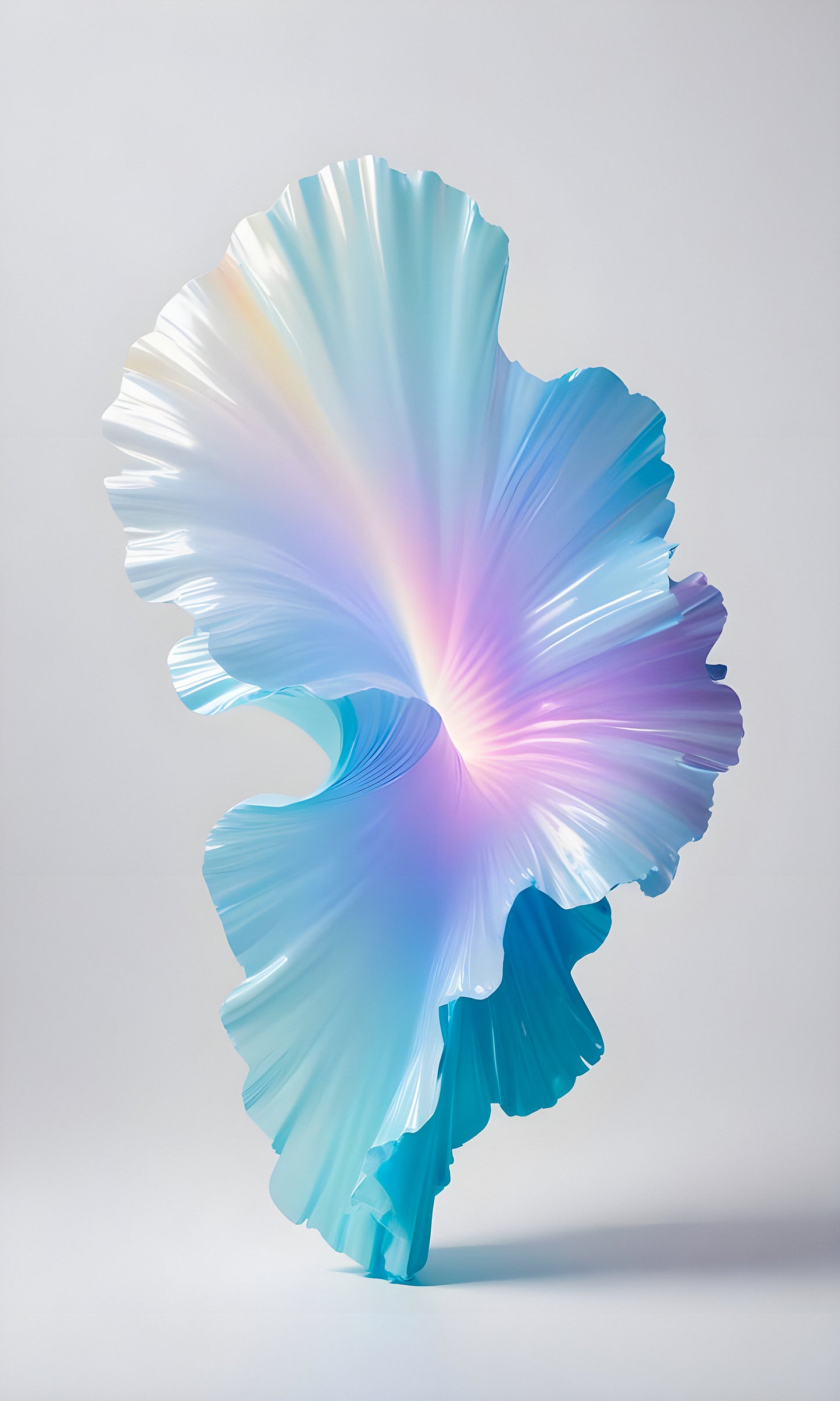 Colorful abstract sculpture resembling a leaf with intricate details against a plain background