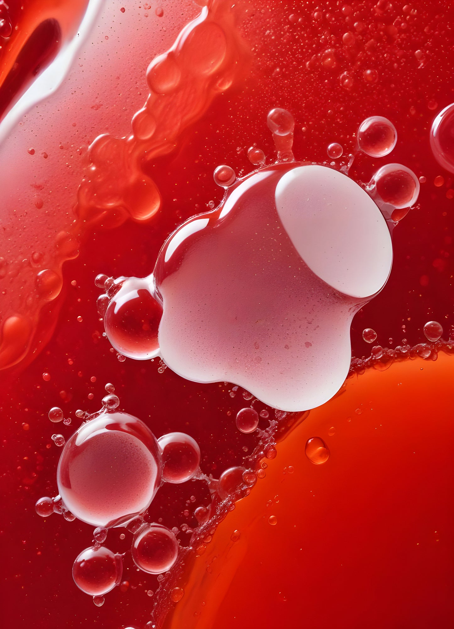 Abstract close-up of red liquid with bubbles and droplets, showcasing the interplay of colors and textures in a vibrant manner. Generative AI