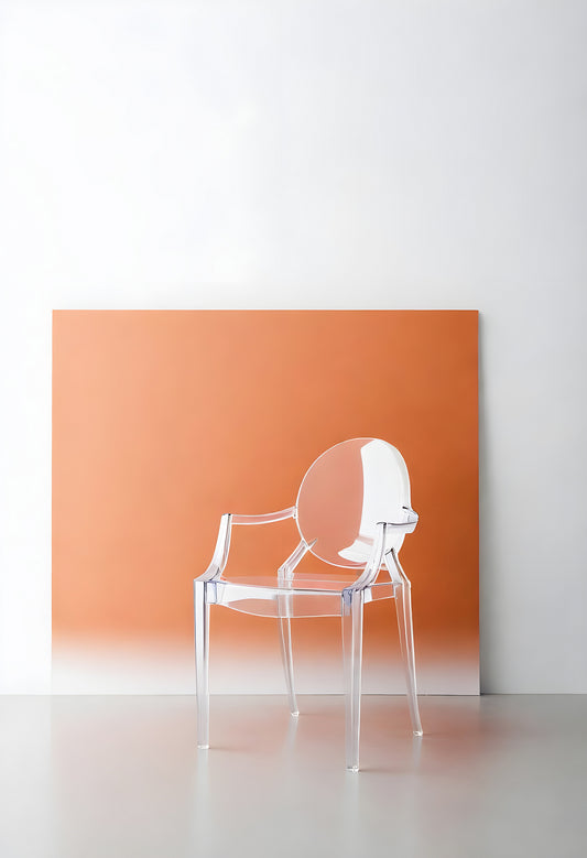 Clear acrylic chair positioned against a vibrant orange backdrop in a minimalist interior setting during daylight