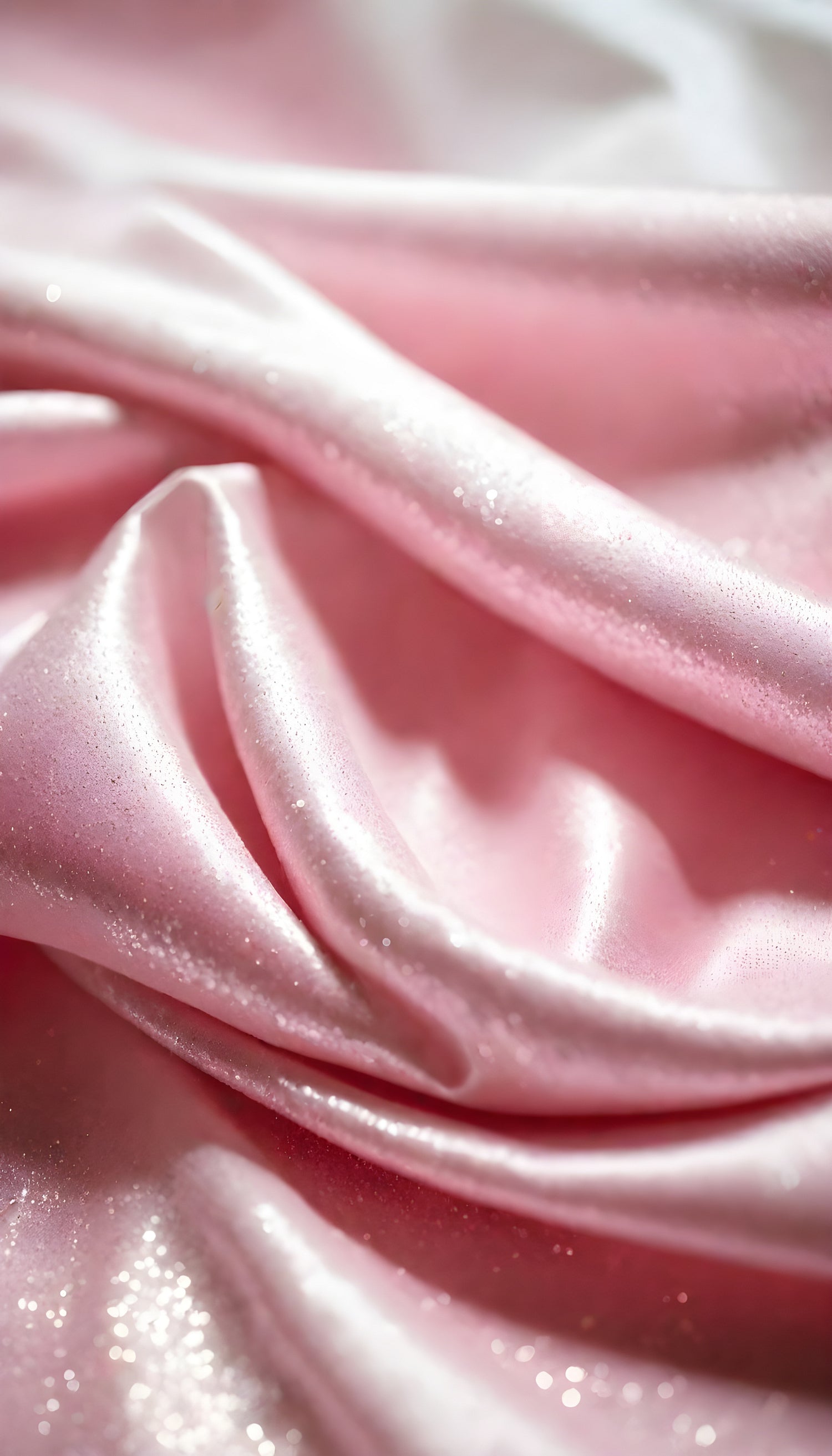 Soft, shimmering pink satin fabric draped elegantly, highlighting its texture and luster in natural light