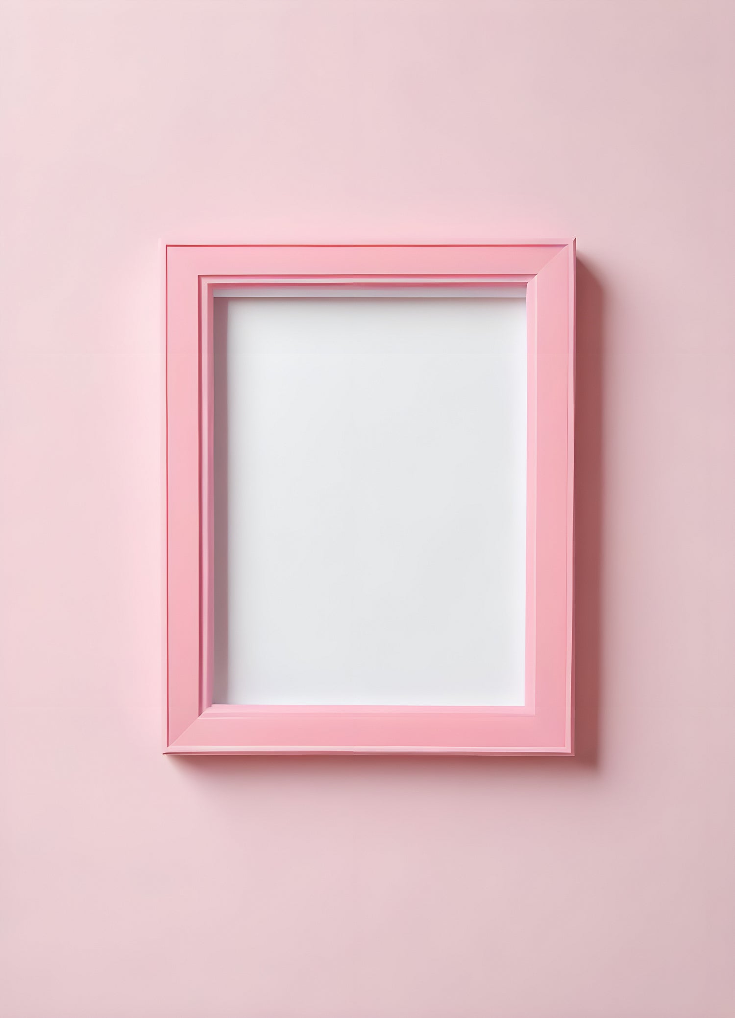 A blank pink picture frame mounted on a pastel pink wall showcasing minimalistic interior design aesthetics