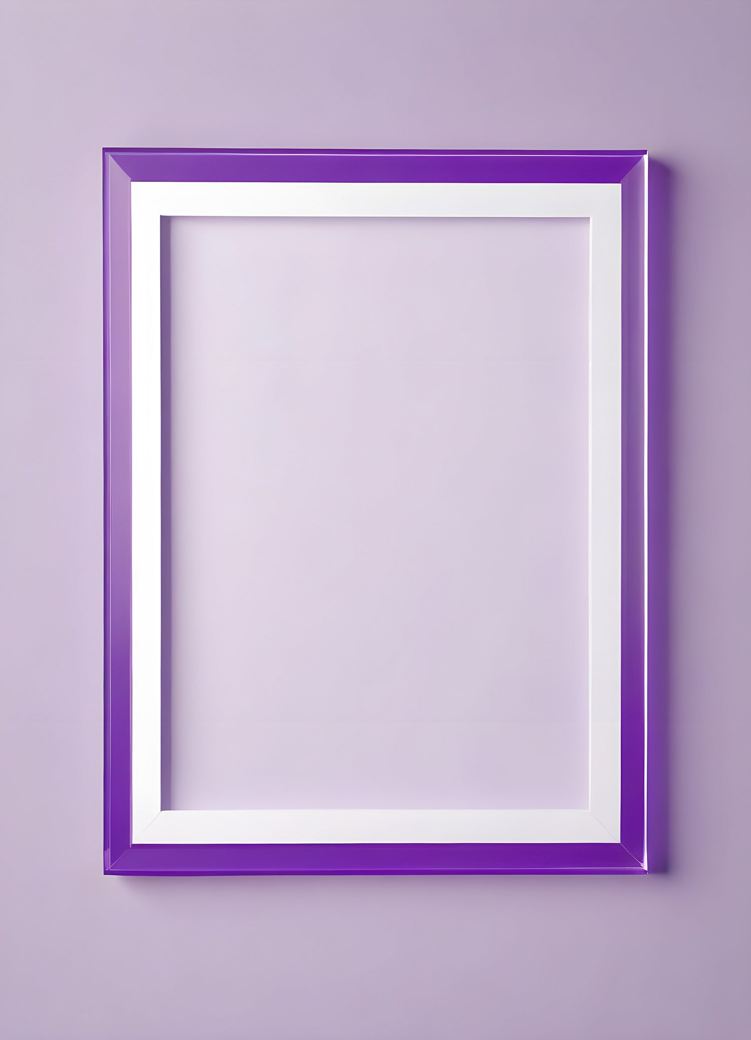 A blank white frame with a vibrant purple border against a light purple wall, showcasing a minimalist decorative style