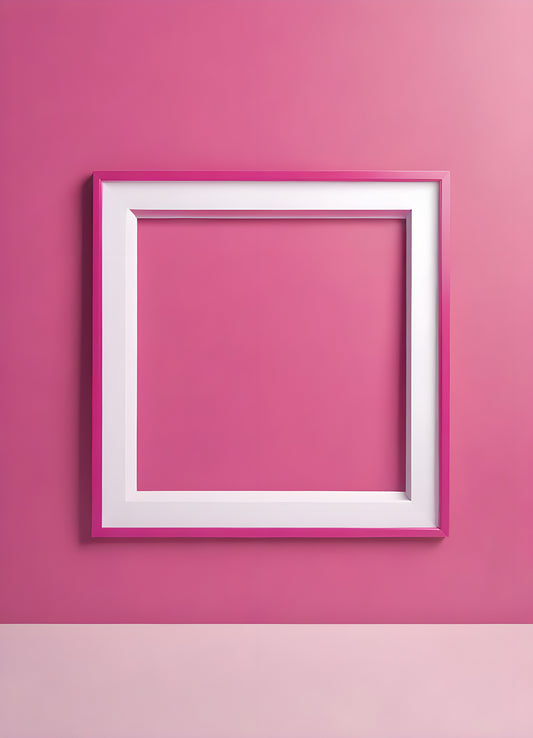 Bright pink empty frame stands against a white wall, inviting creativity and personal expression