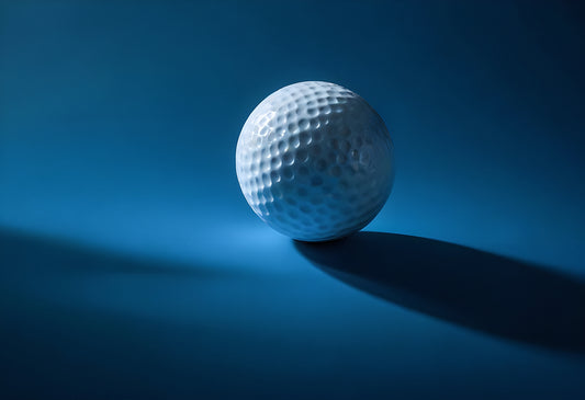 A solitary golf ball rests on a smooth blue surface, casting a gentle shadow in the soft light of late afternoon