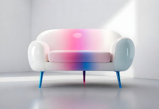 Modern two-tone sofa in a bright, minimalist room featuring soft pastel colors and sleek design with colorful legs