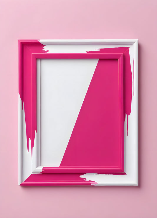 Bright pink empty frame stands against a white wall, inviting creativity and personal expression