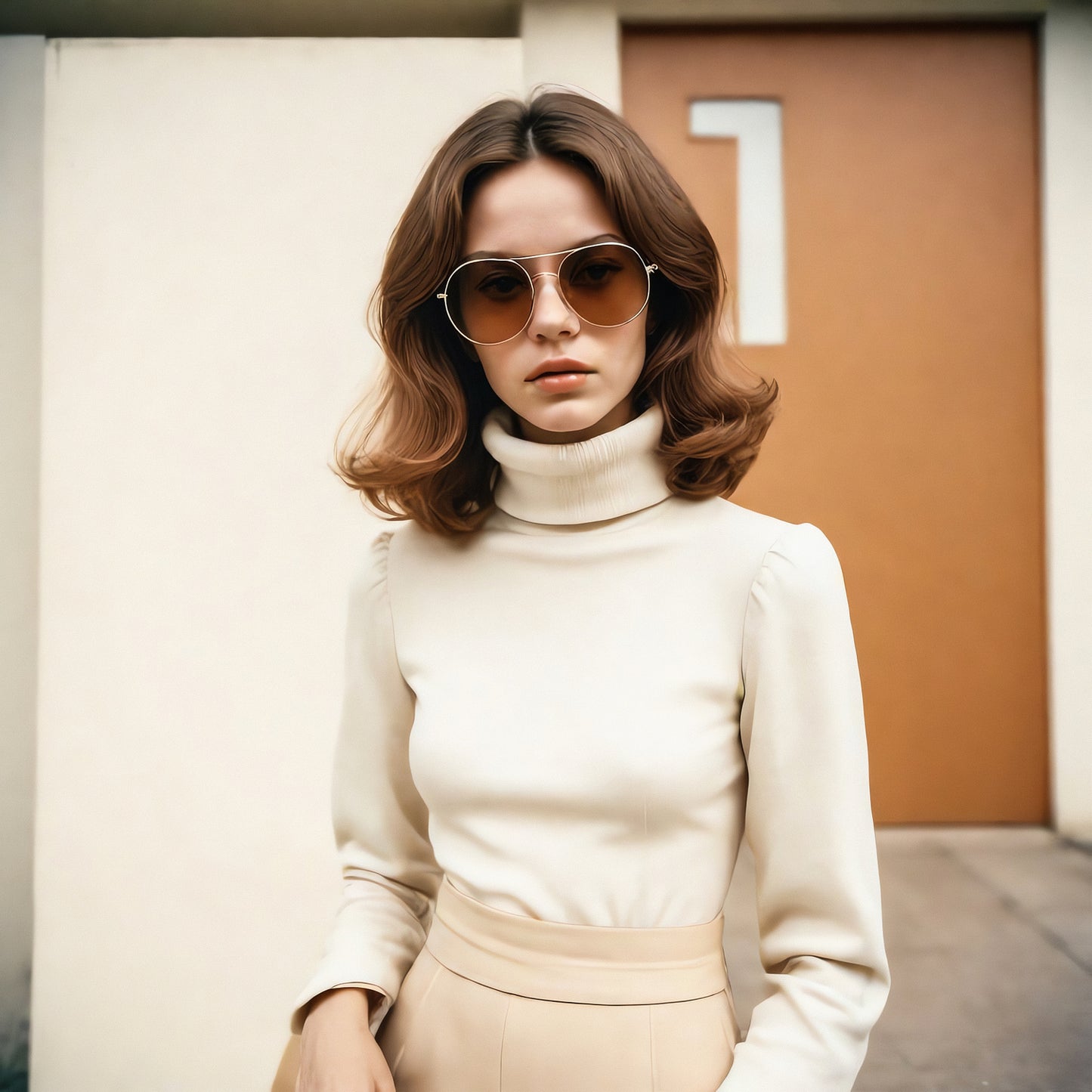 Fashionable young woman in a stylish turtleneck and sunglasses standing near a door numbered one during daylight