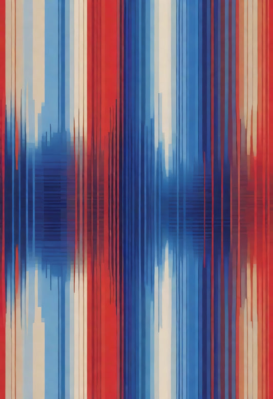 Abstract pattern of vibrant red, blue, and cream stripes creating a dynamic visual effect against a light background