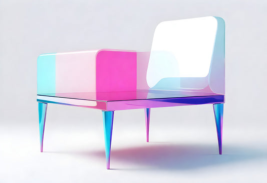 Futuristic transparent chair design with vibrant colors in a minimalist setting