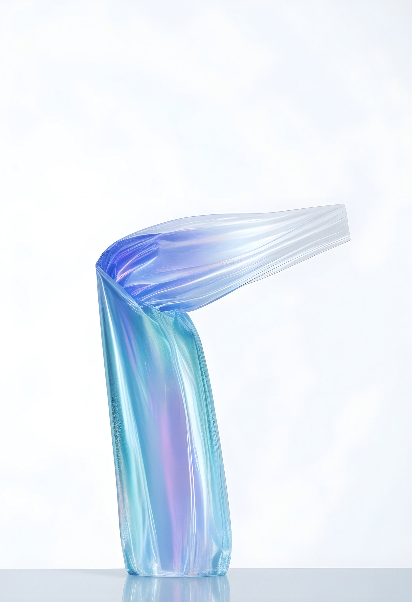 A translucent blue and purple sculpture bending gracefully against a light backdrop