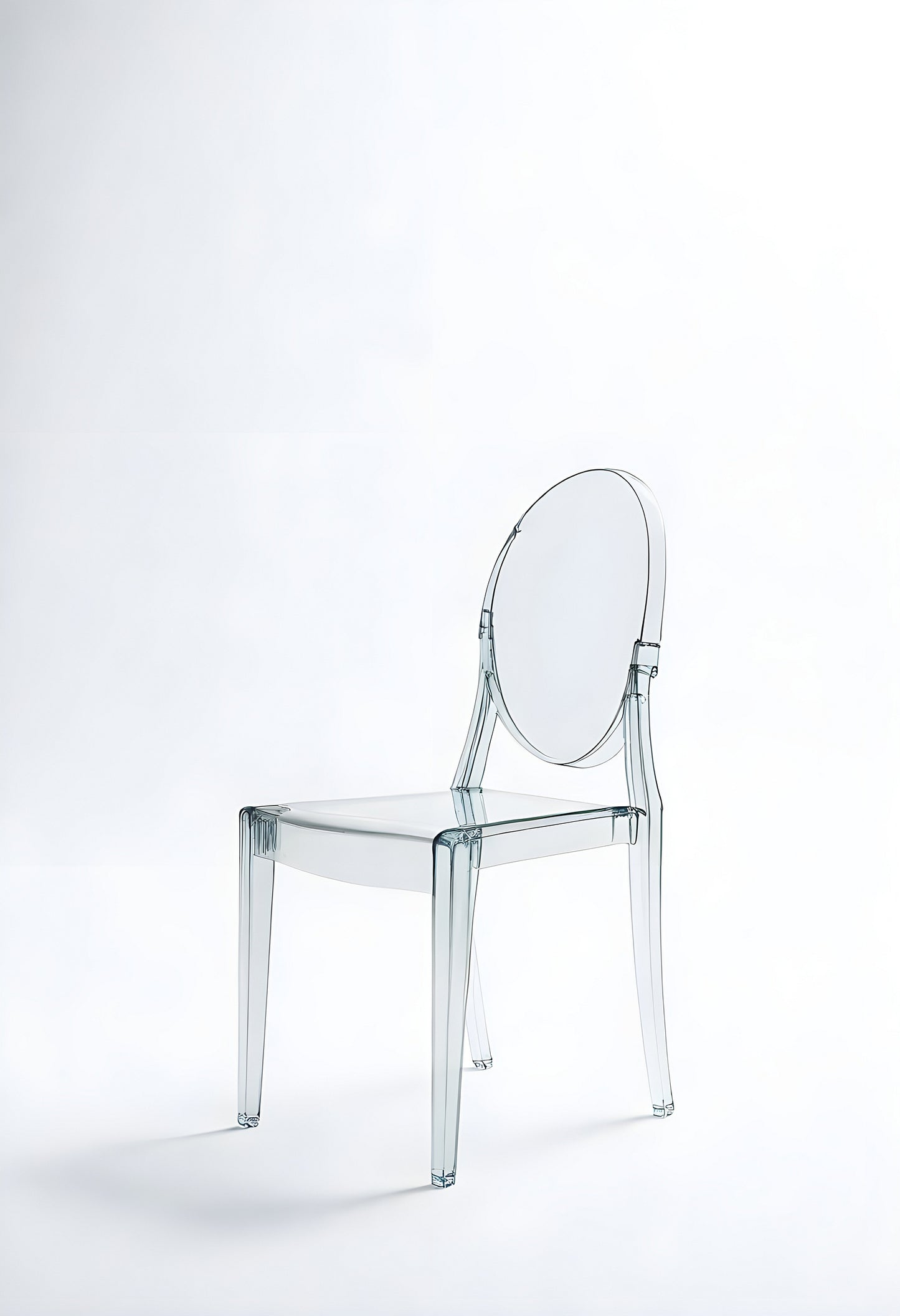 Clear contemporary chair design showcased against a minimal white background for modern interior inspiration