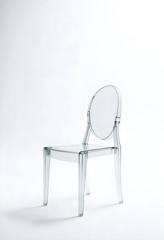 Clear contemporary chair design showcased against a minimal white background for modern interior inspiration