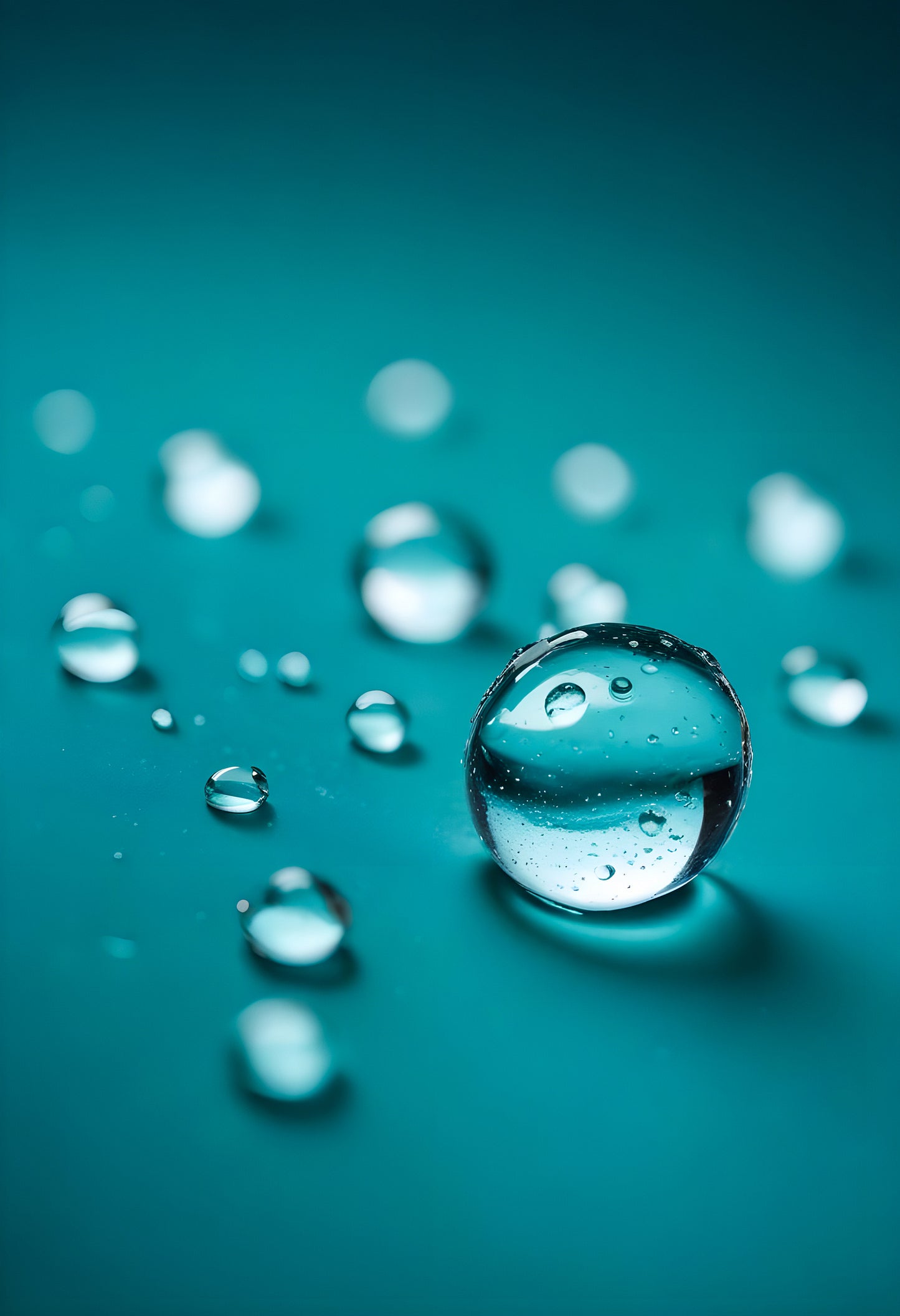 Water droplets on a thin surface with a blurred turquoise background amidst soft light reflections. Generative AI