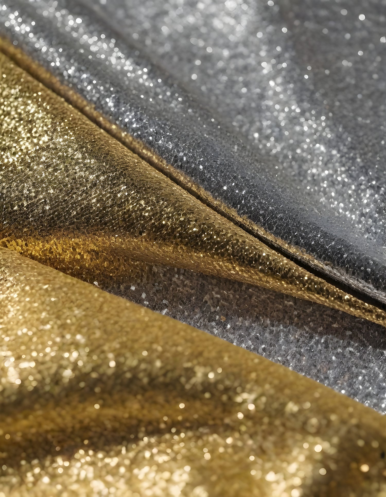 Shimmering gold and silver fabrics layered together in a luxurious arrangement during daylight