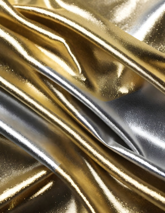 Metallic golden and silver fabric creates elegant textures with intricate folds and reflections under soft lighting