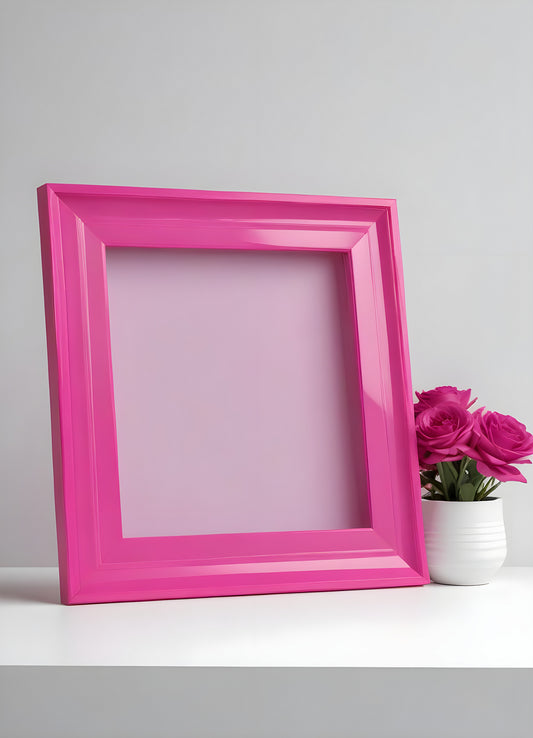 Bright pink empty frame stands against a white wall, inviting creativity and personal expression