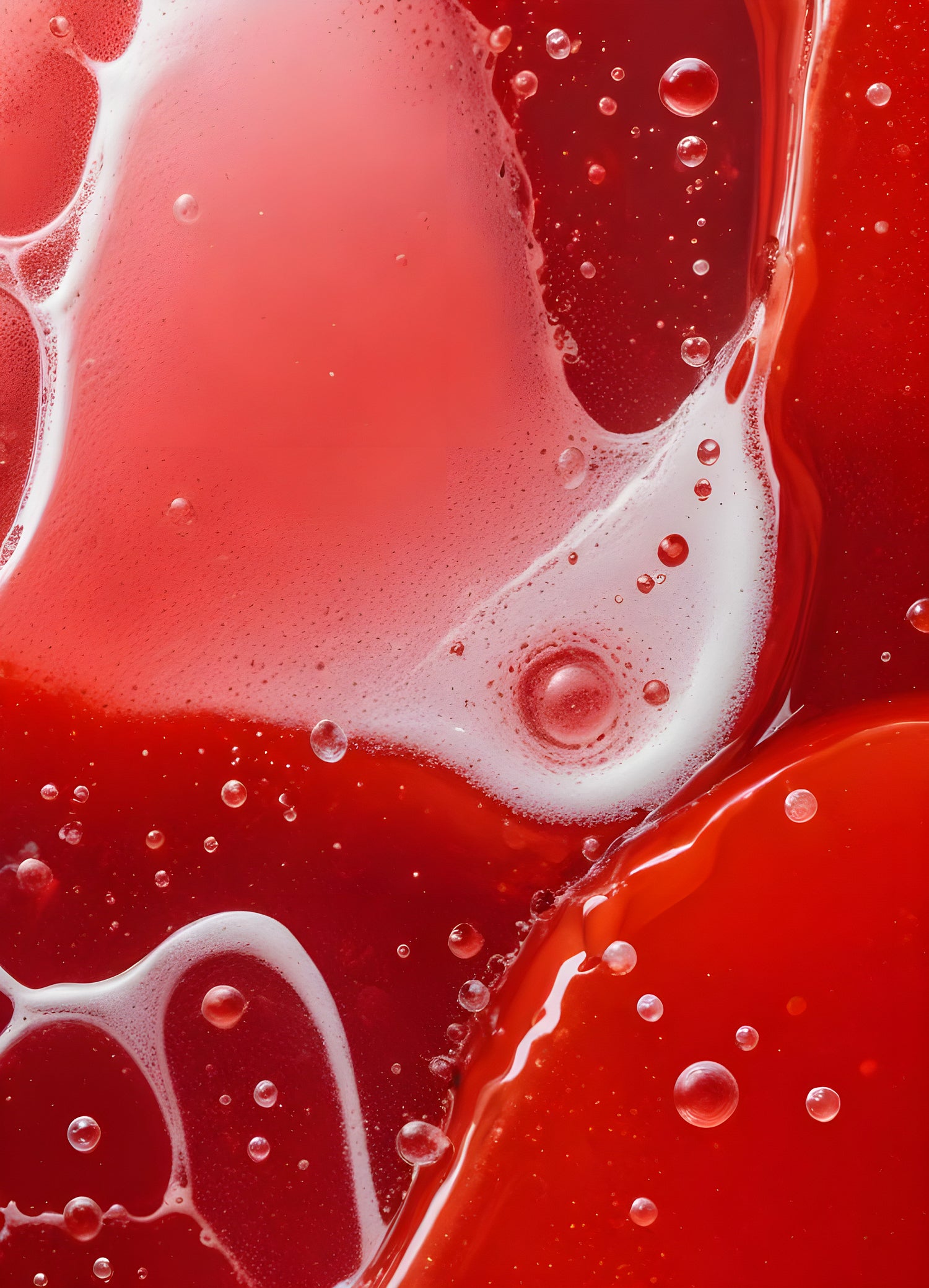 Abstract close-up of red liquid with bubbles and droplets, showcasing the interplay of colors and textures in a vibrant manner. Generative AI