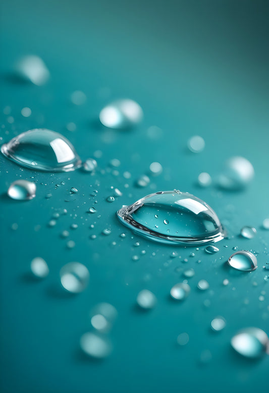 Water droplets on a thin surface with a blurred turquoise background amidst soft light reflections. Generative AI